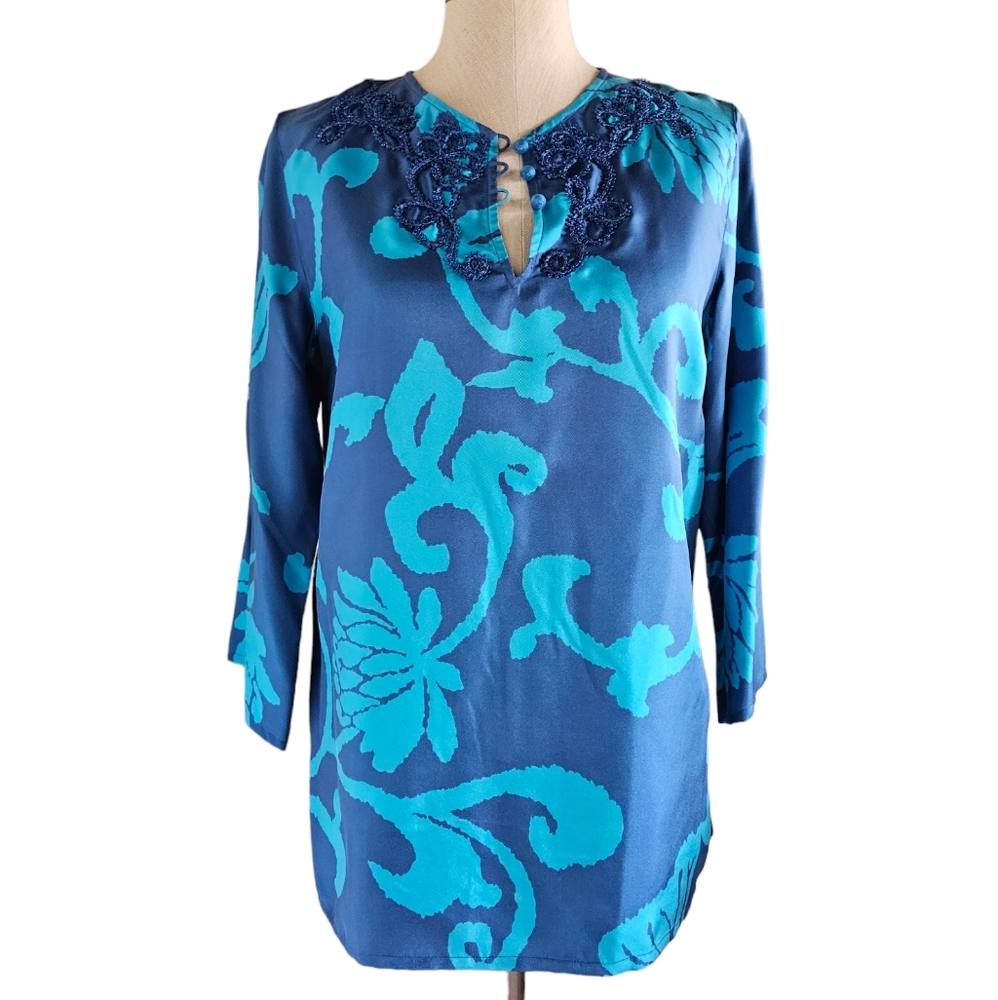 NWT SIGRID OLSEN "Positano" Marine Blue SilkTunic | SZ S